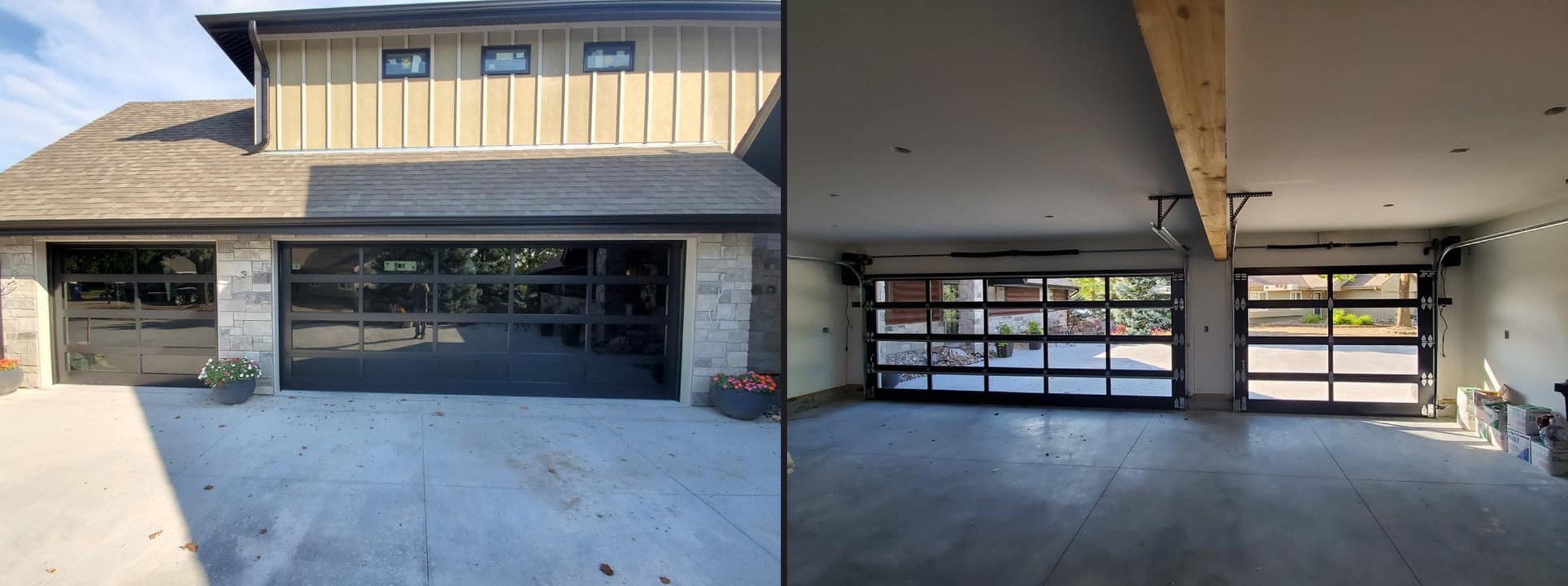 Split view of black full-view residential garage doors from exterior and interior